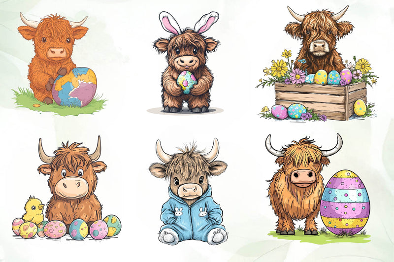 Cute Easter Day Highland Cow Clipart Bundle - CraftNest - Digital Crafting and Art