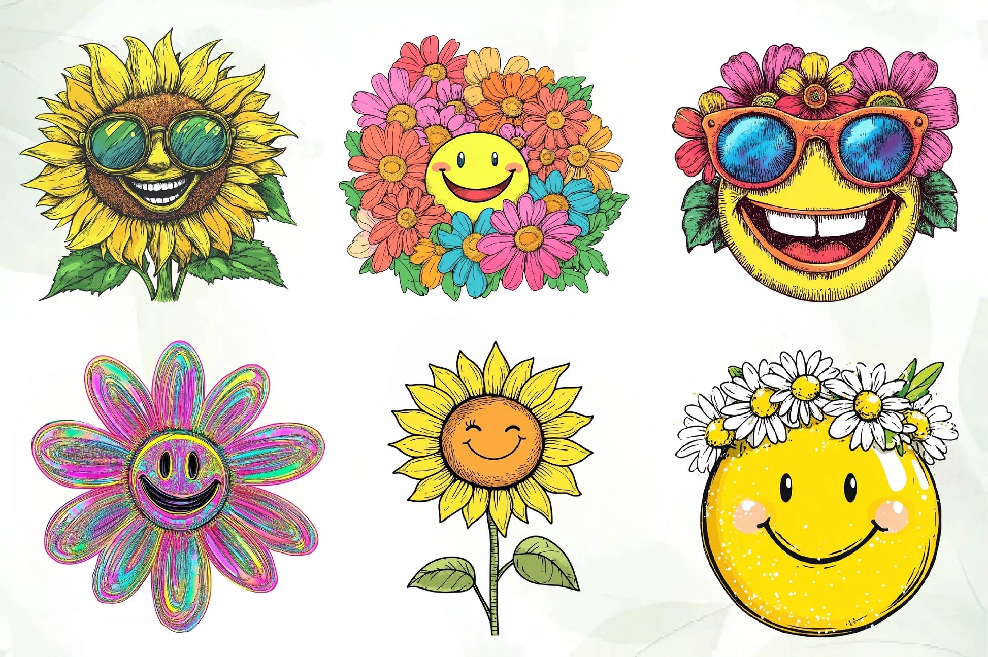 Retro Happy Face Floral Clipart Bundle - CraftNest - Digital Crafting and Art