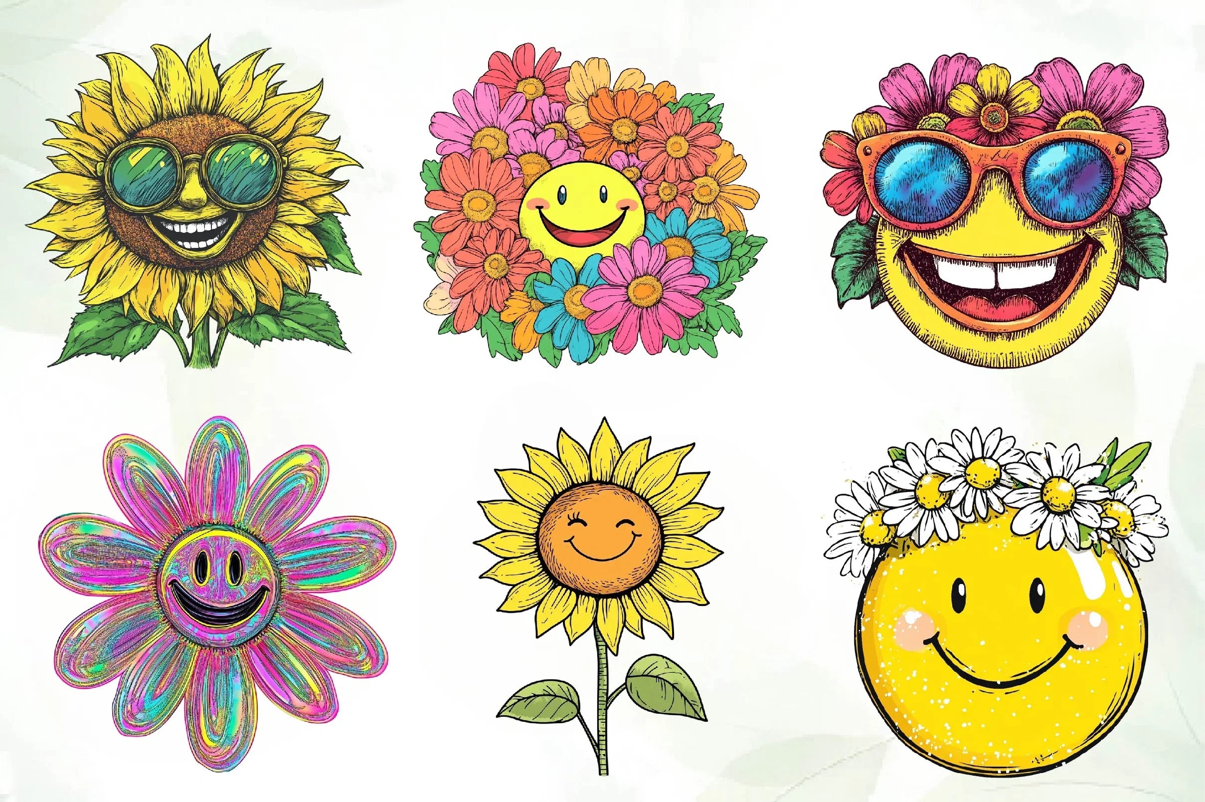 Retro Happy Face Floral Clipart Bundle - CraftNest - Digital Crafting and Art
