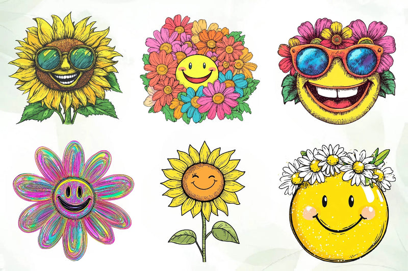 Retro Happy Face Floral Clipart Bundle - CraftNest - Digital Crafting and Art