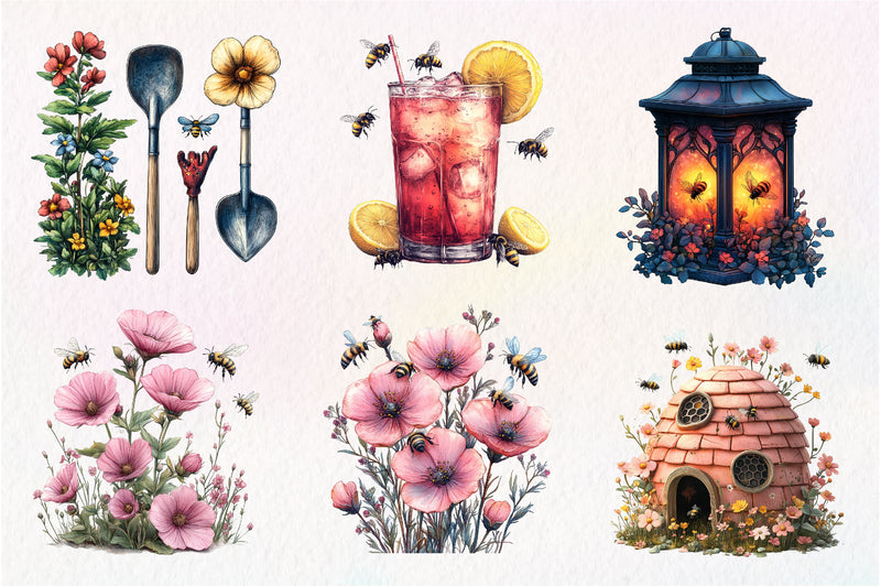 Pink Summer Bees Garden Clipart Bundle - CraftNest - Digital Crafting and Art