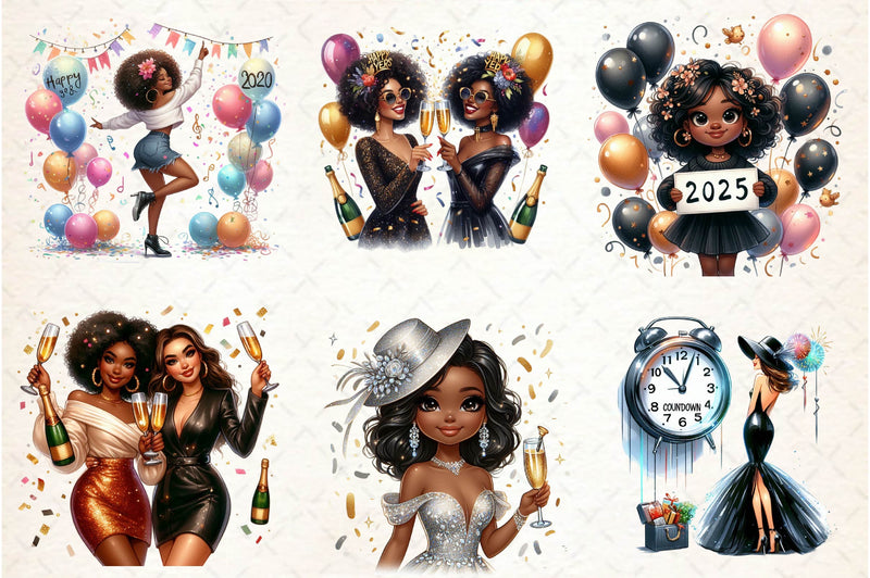 New Year Black American Girl Clipart Bundle - CraftNest - Digital Crafting and Art
