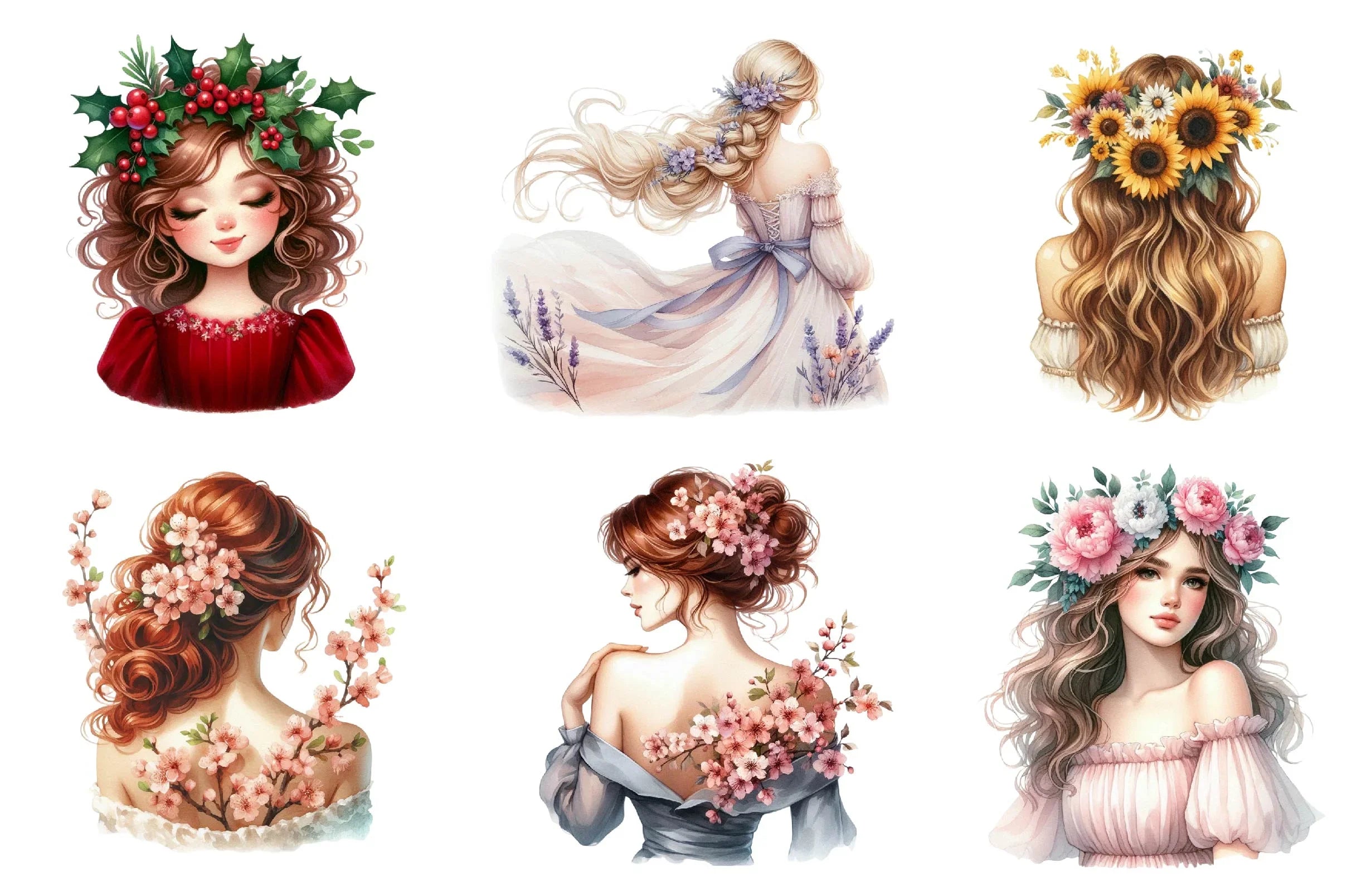 Beautiful Girl Back View With Flowers Clipart Bundle - CraftNest - Digital Crafting and Art