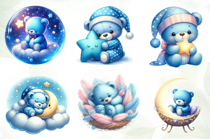Sleeping Blue Teddy Bear Clipart Bundle - CraftNest - Digital Crafting and Art