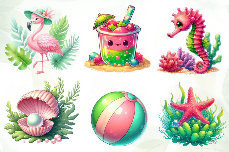 Pink And Green Summer Clipart Bundle - CraftNest - Digital Crafting and Art