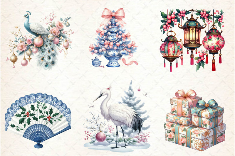 Coquette Chinoiserie Christmas Clipart Bundle - CraftNest - Digital Crafting and Art