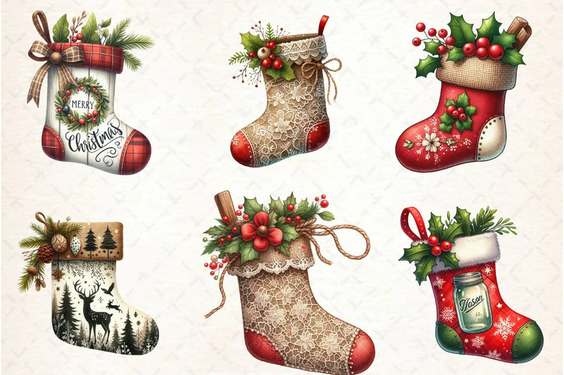 Rustic Christmas Stocking Socks Clipart Bundle - CraftNest - Digital Crafting and Art
