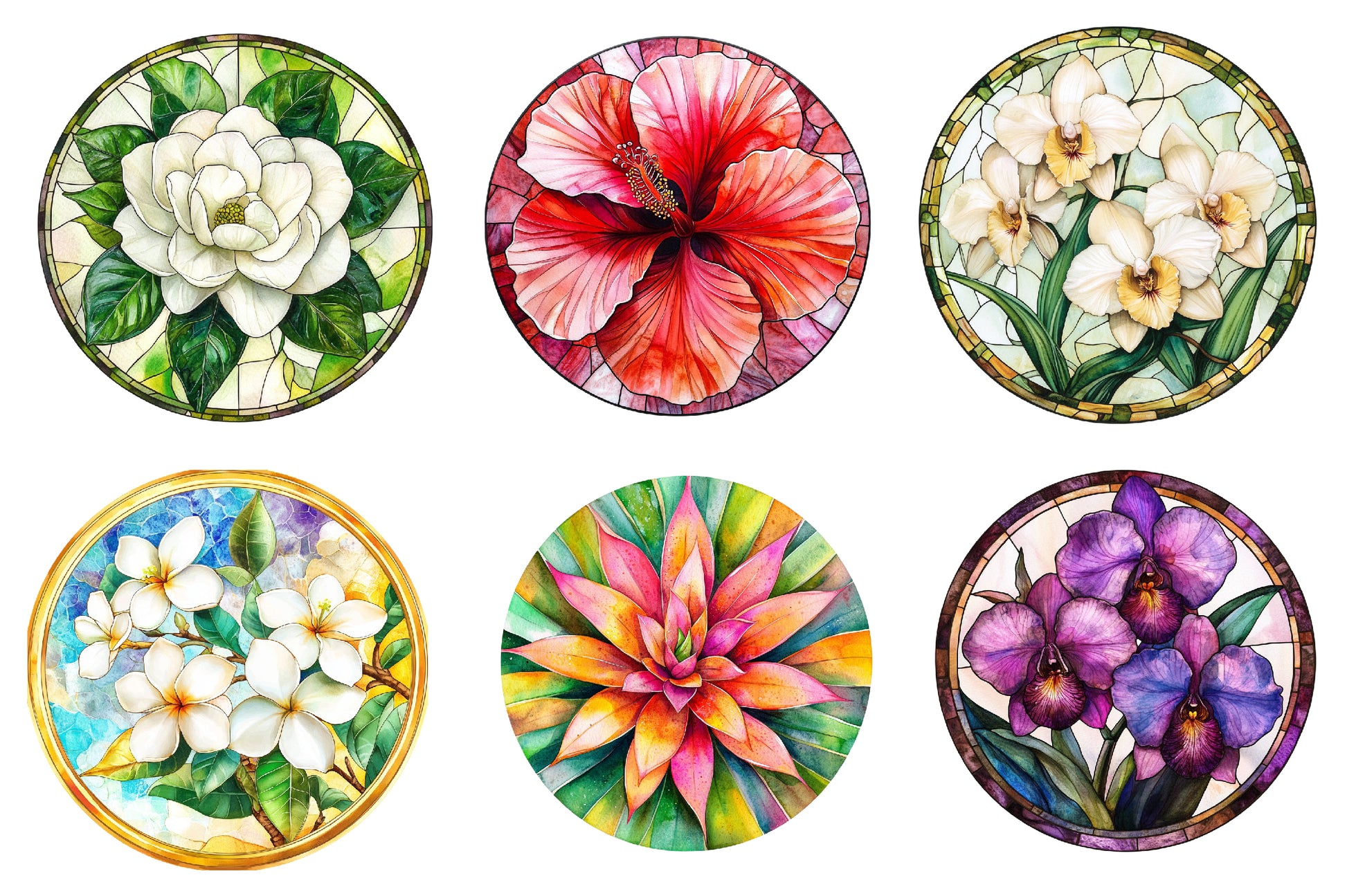 Round Stained Glass Tropical Flowers Clipart Bundle - CraftNest - Digital Crafting and Art