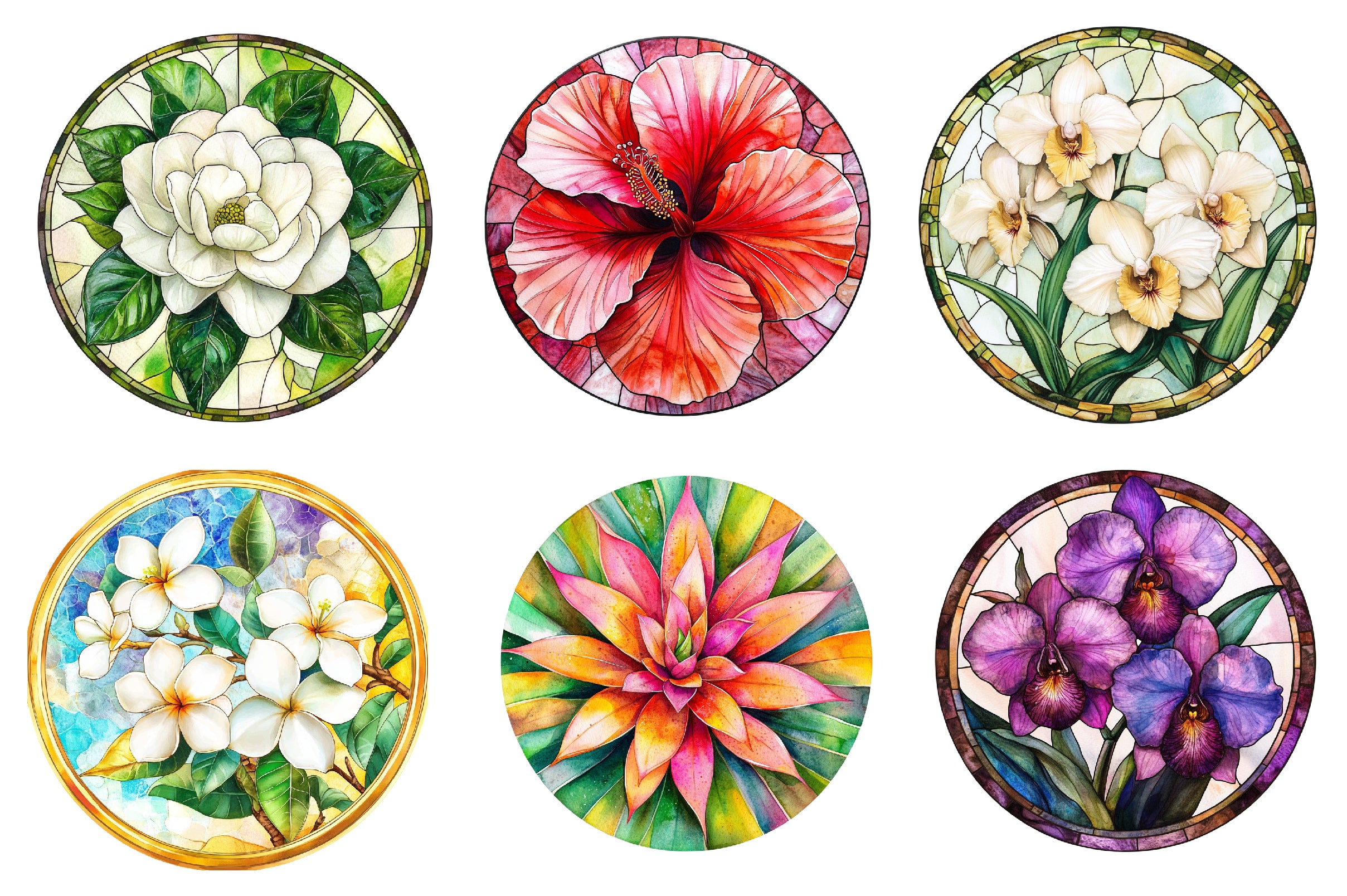 Round Stained Glass Tropical Flowers Clipart Bundle - CraftNest - Digital Crafting and Art