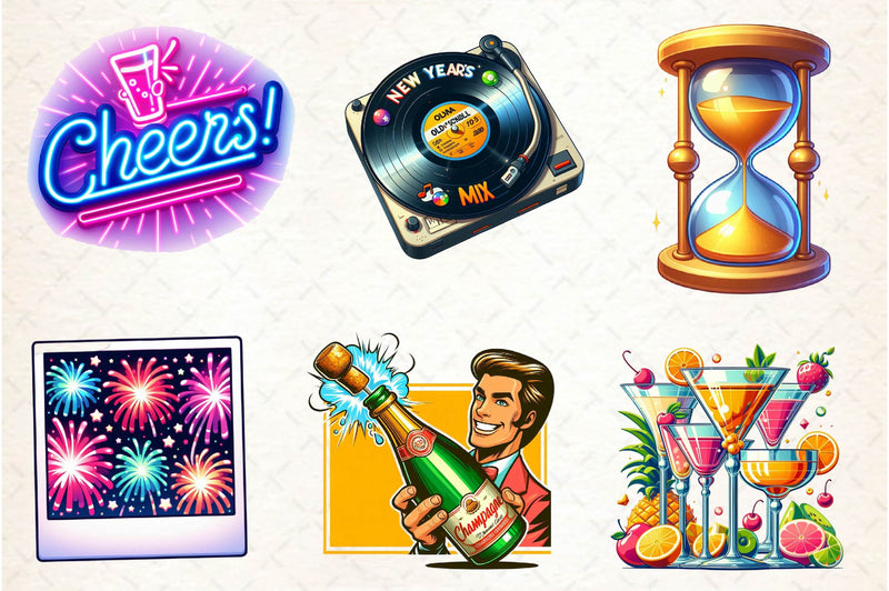 Retro New Year Clipart Bundle - CraftNest - Digital Crafting and Art