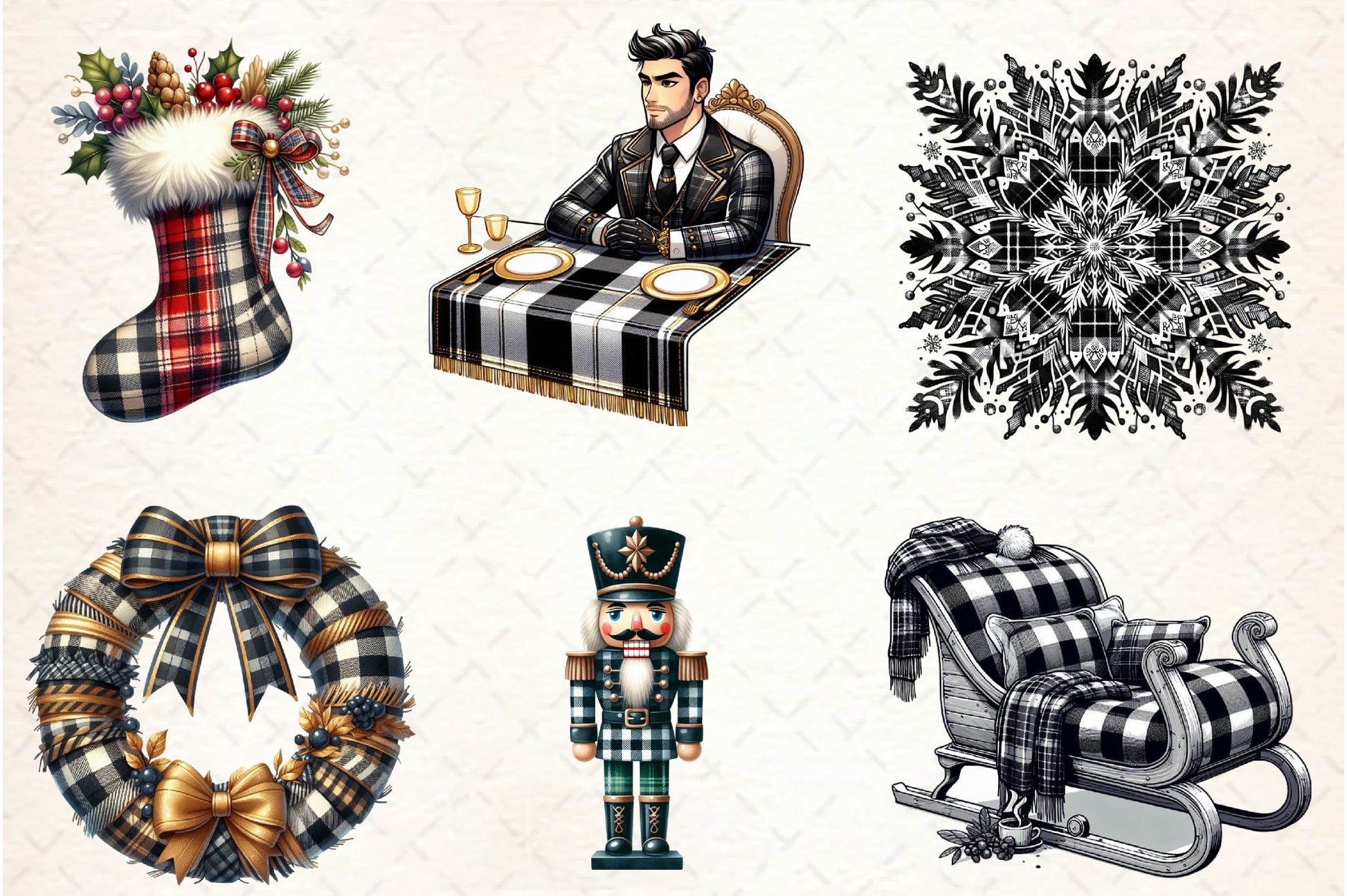 Luxury Plaid Black And White Christmas Clipart Bundle - CraftNest - Digital Crafting and Art
