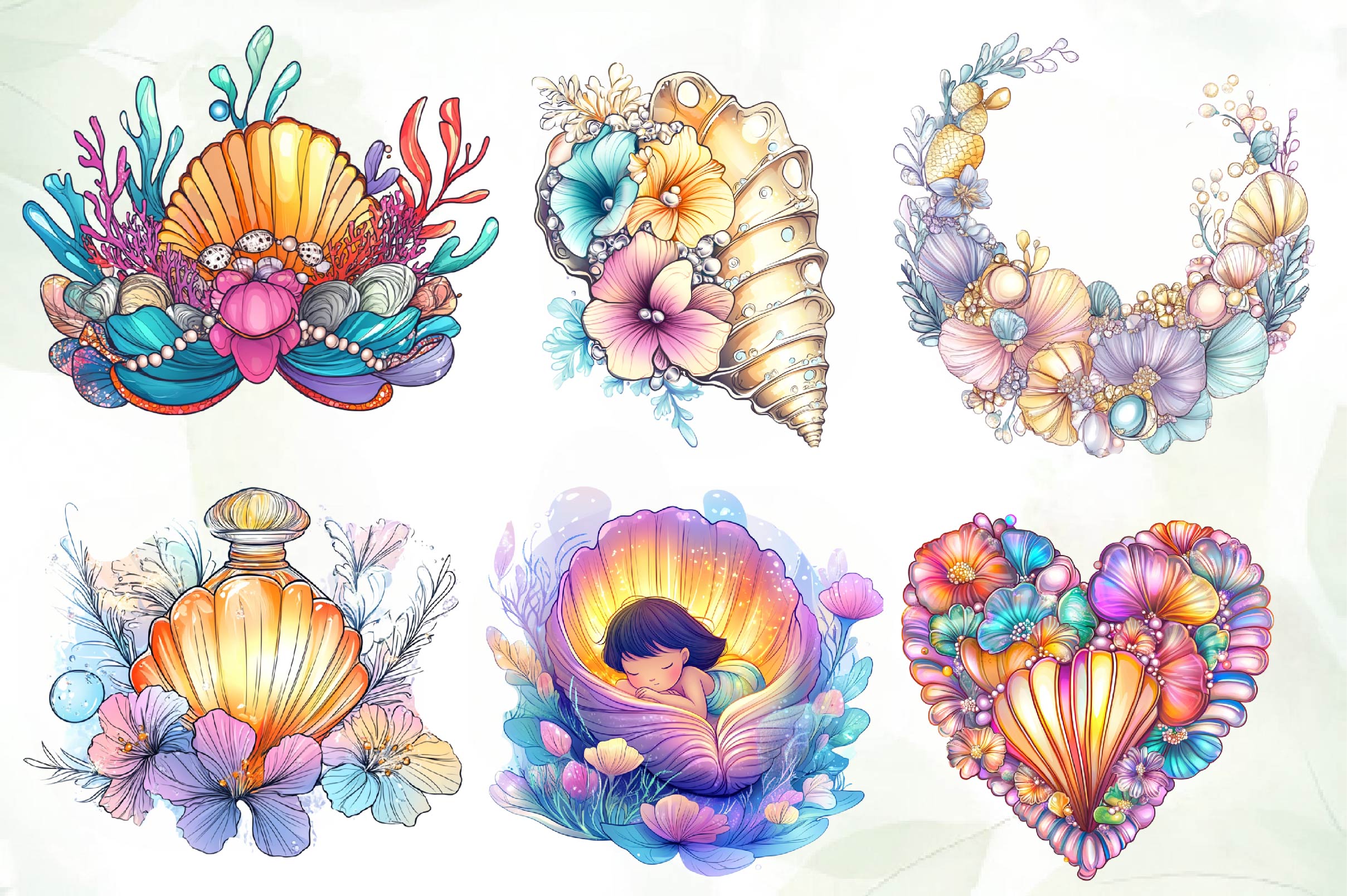 Seashell Mermaid Flower Clipart Bundle - CraftNest - Digital Crafting and Art