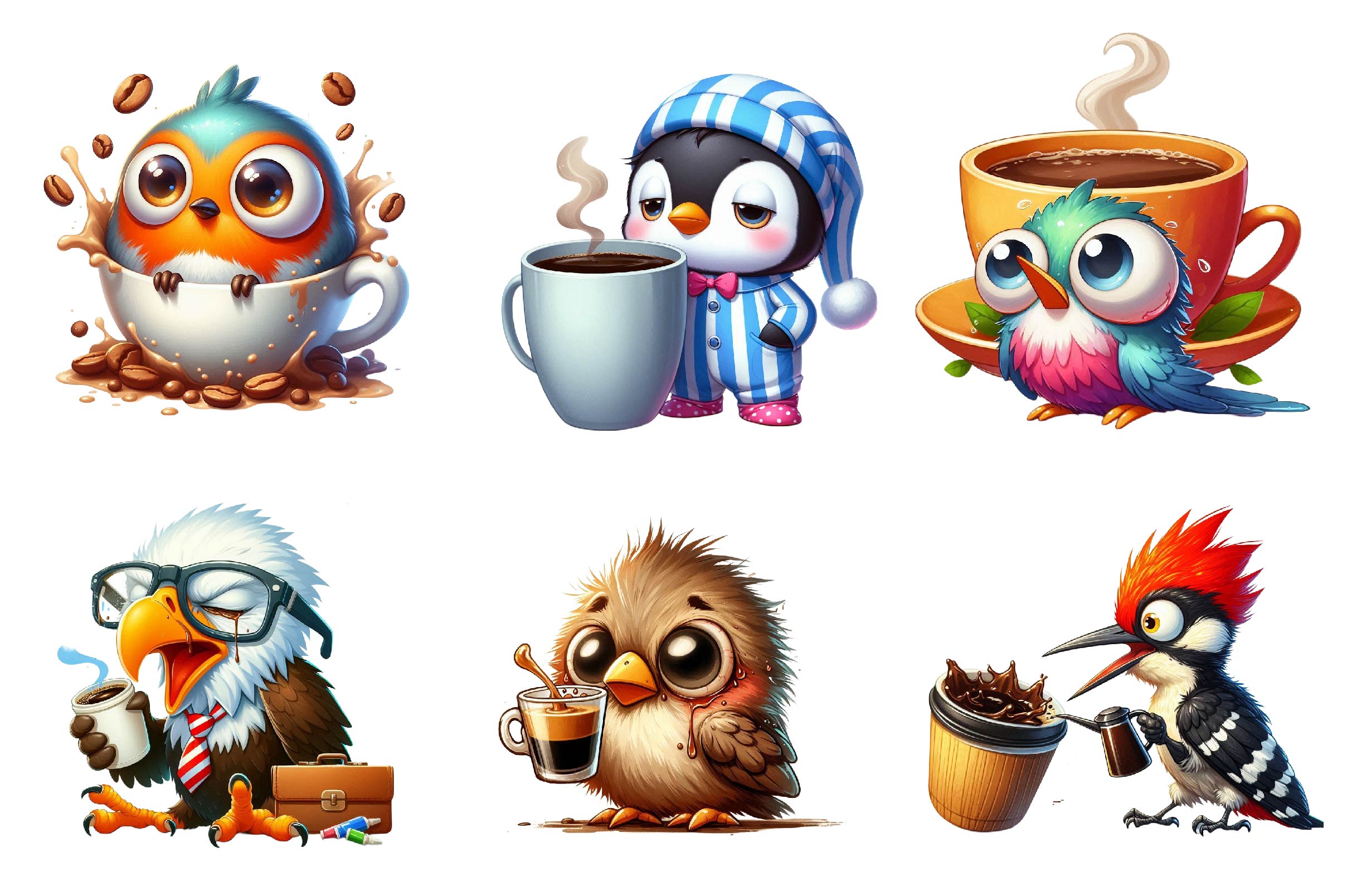 Funny Cartoon Caffeinated Quirky Bird Clipart Bundle - CraftNest - Digital Crafting and Art