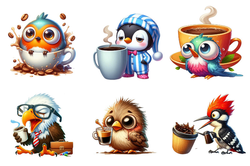 Funny Cartoon Caffeinated Quirky Bird Clipart Bundle - CraftNest - Digital Crafting and Art