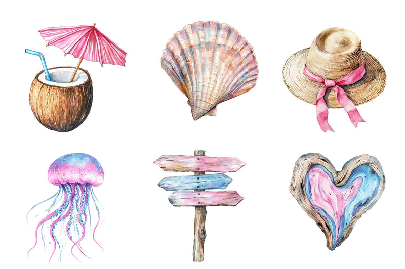 Summer Pink & Blue Coastal Clipart Bundle 1 - CraftNest - Digital Crafting and Art
