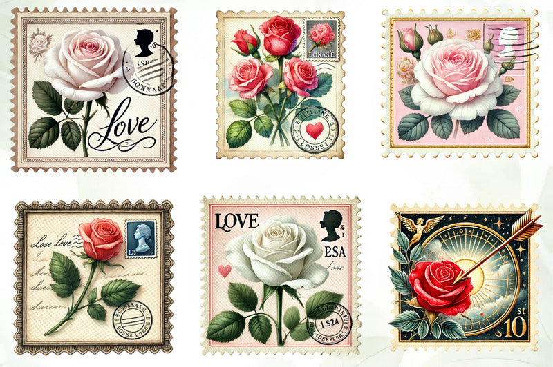 Valentine Rose Postage Stamp Clipart Bundle - CraftNest - Digital Crafting and Art