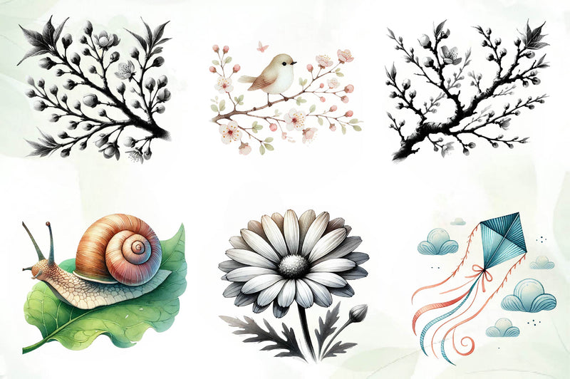 Black And White Spring Clipart Bundle - CraftNest - Digital Crafting and Art