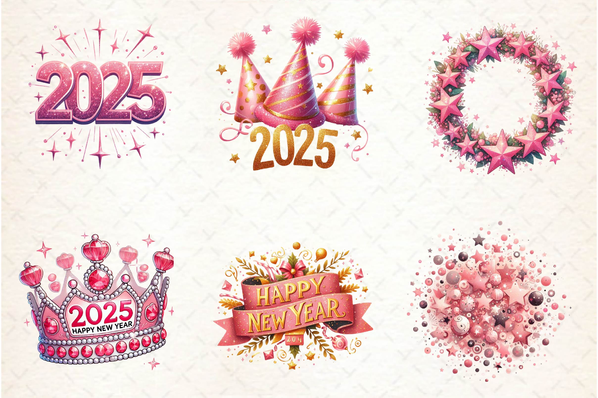 Glitter Pink Happy New Year 2025 Clipart Bundle - CraftNest - Digital Crafting and Art