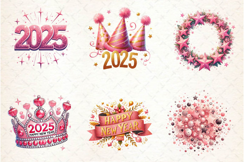 Glitter Pink Happy New Year 2025 Clipart Bundle - CraftNest - Digital Crafting and Art
