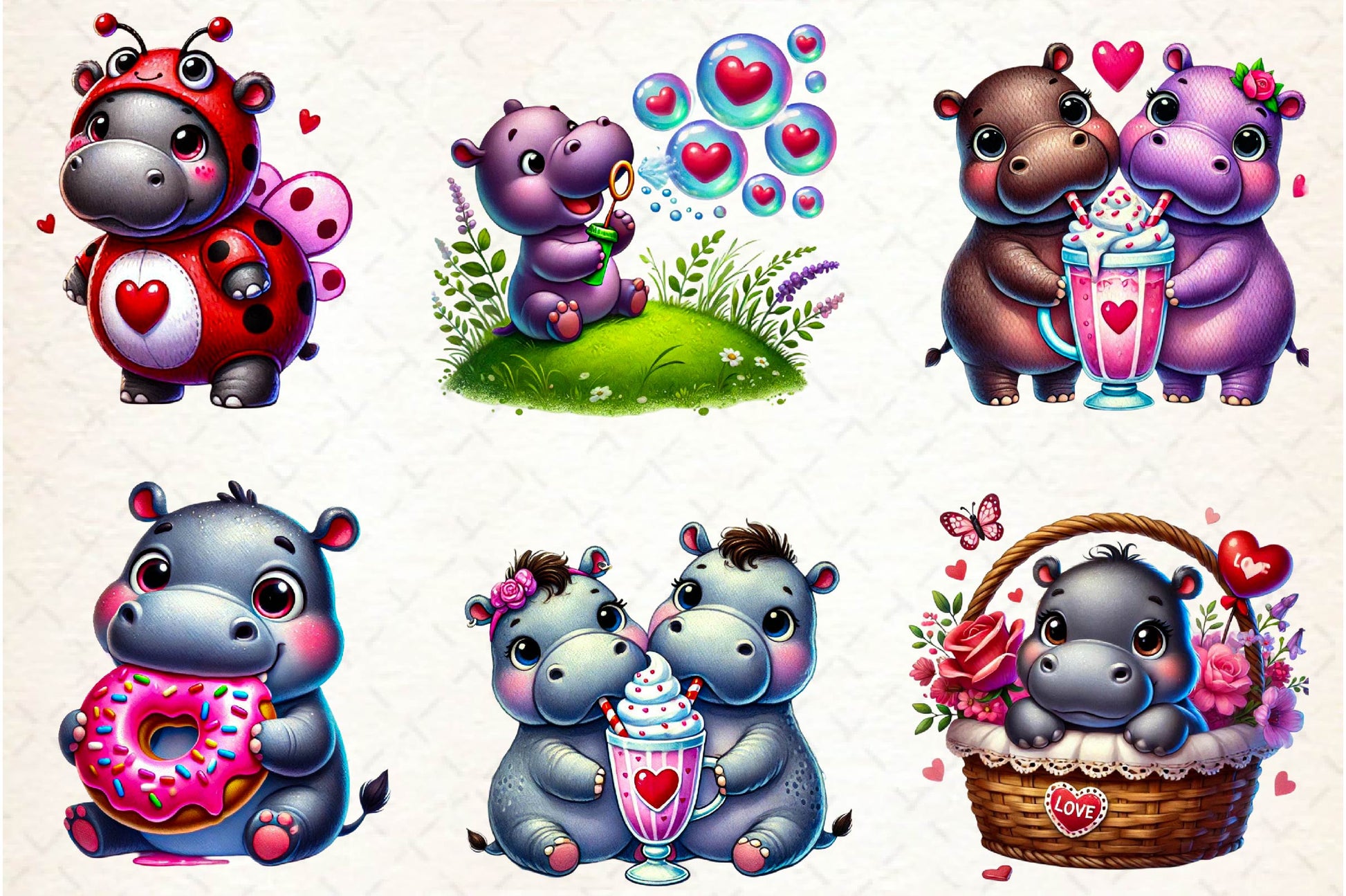 Cute Valentine Hippo Clipart Bundle - CraftNest - Digital Crafting and Art