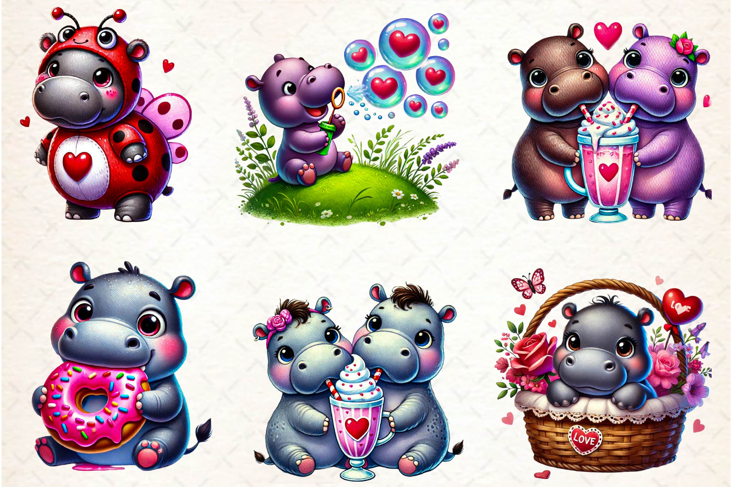 Cute Valentine Hippo Clipart Bundle - CraftNest - Digital Crafting and Art