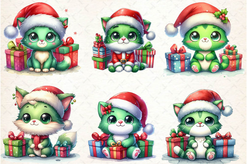 Cute Green Christmas Cat Clipart Bundle - CraftNest - Digital Crafting and Art