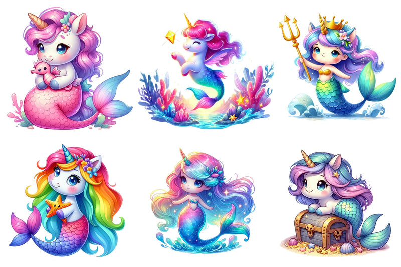 Cute Unicorn With Mermaid Clipart Bundle - CraftNest - Digital Crafting and Art