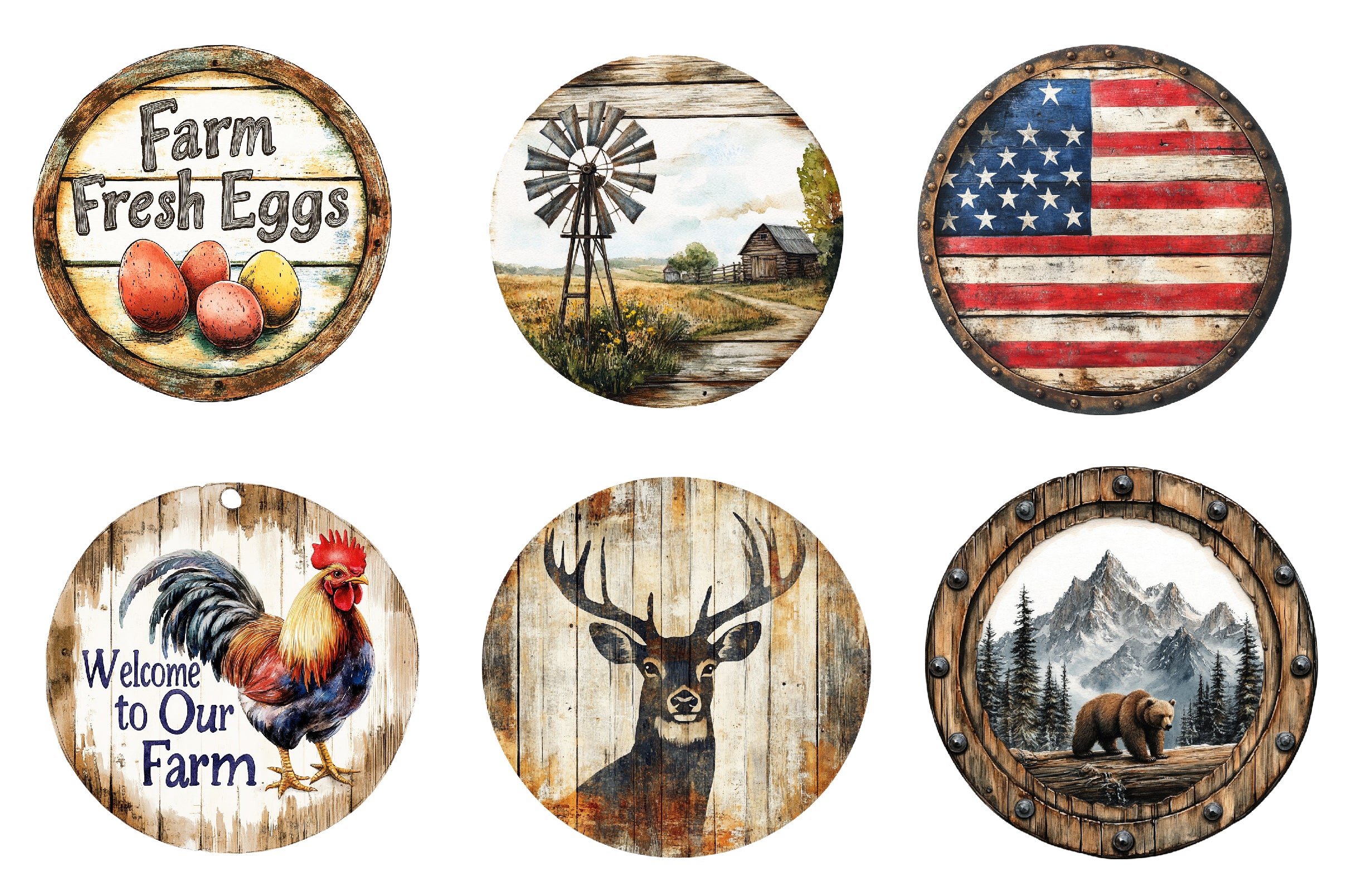 American Rustic Round Metal Wood Sign Clipart Bundle - CraftNest - Digital Crafting and Art
