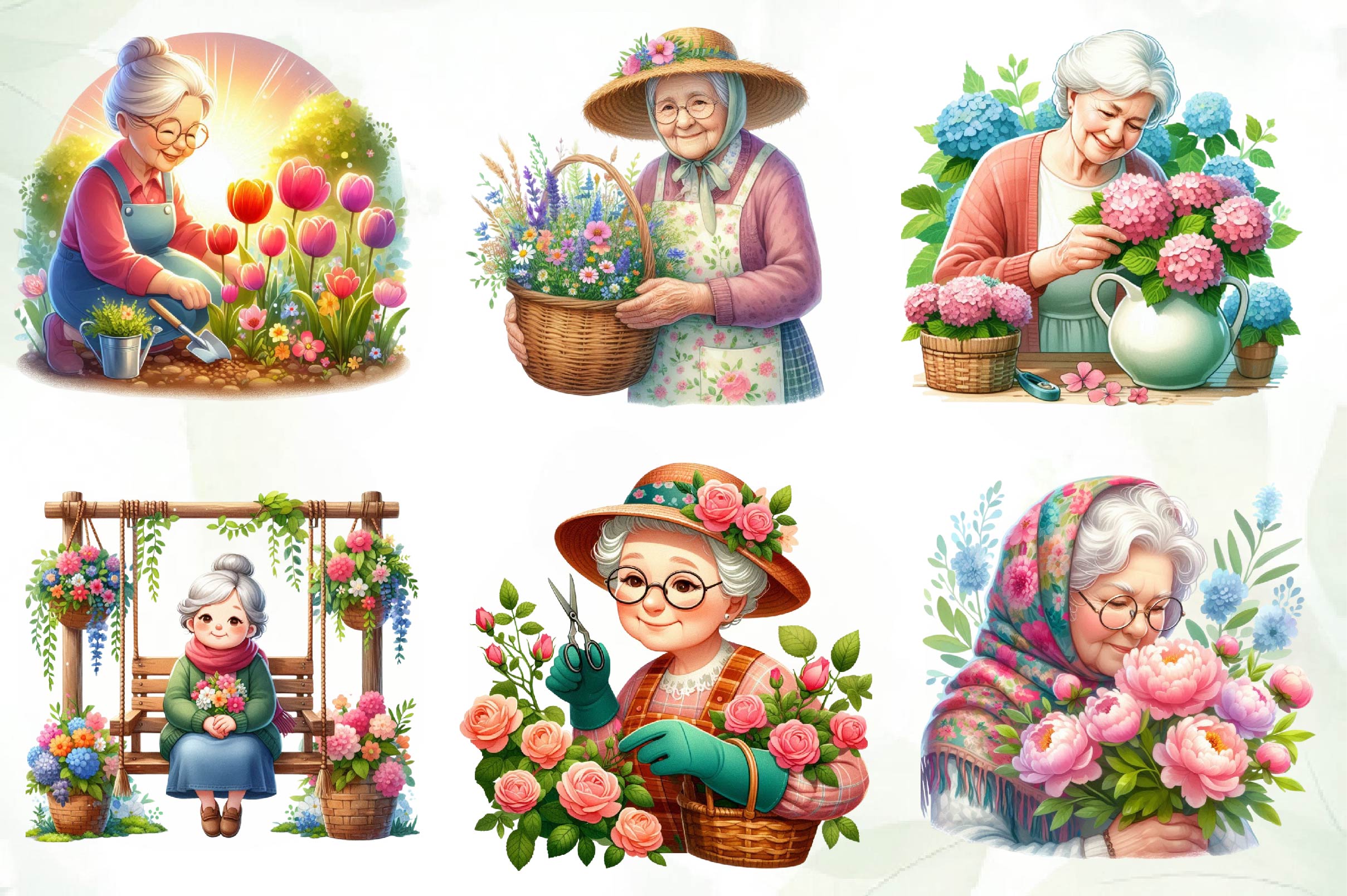Gardening Grandma With Flowers Clipart Bundle - CraftNest - Digital Crafting and Art