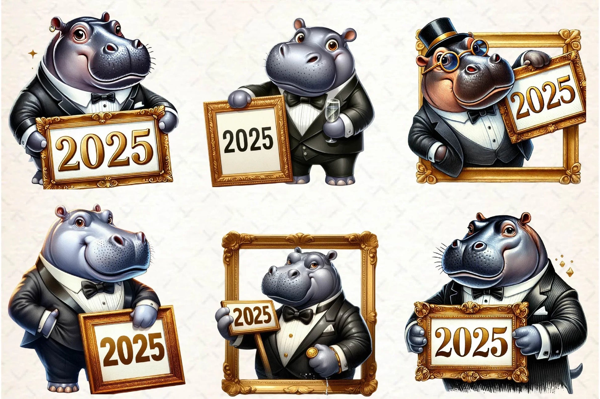 Hippo Happy New Year 2025 Clipart Bundle - CraftNest - Digital Crafting and Art