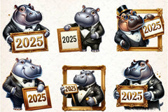 Hippo Happy New Year 2025 Clipart Bundle - CraftNest - Digital Crafting and Art