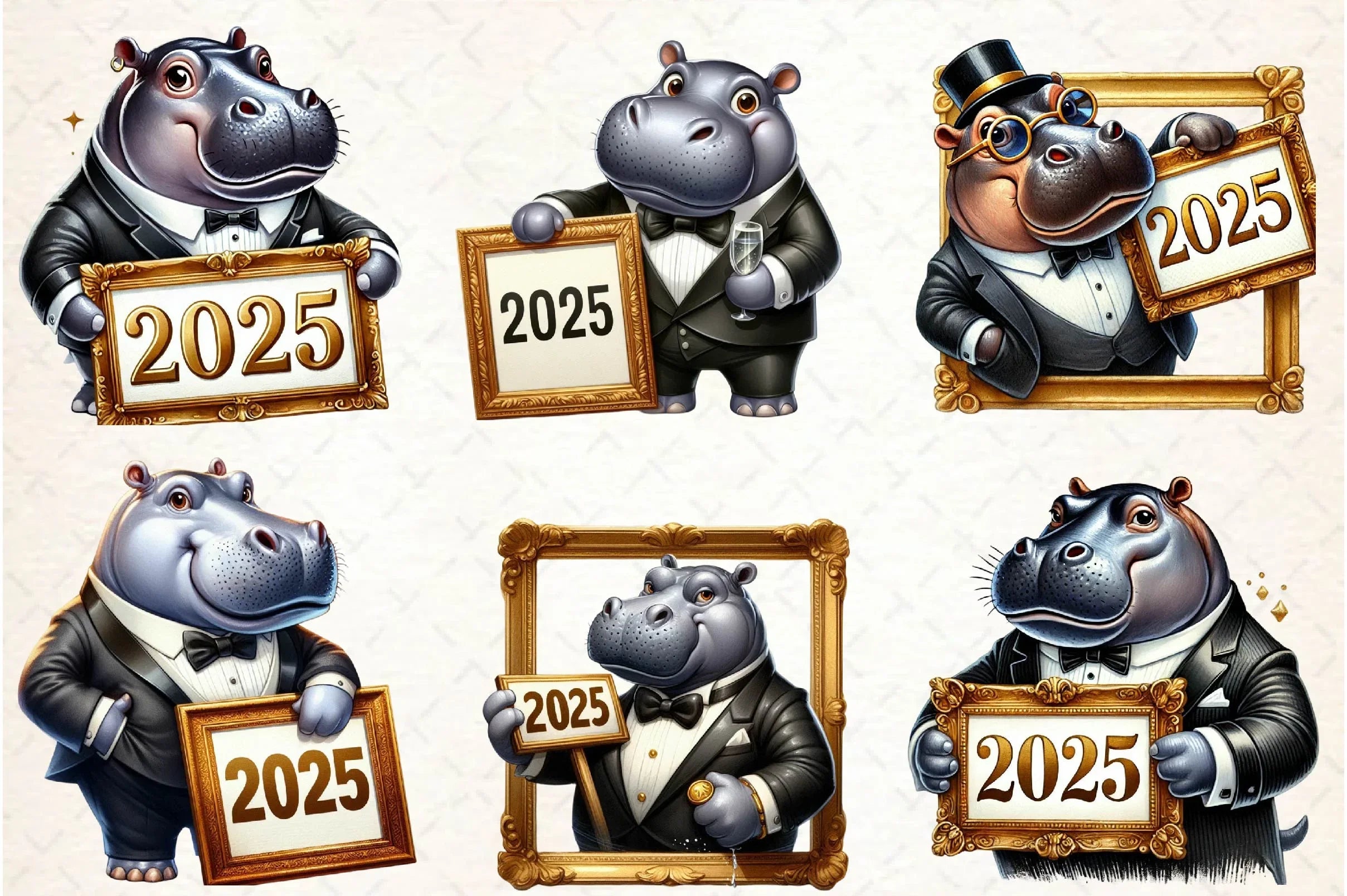 Hippo Happy New Year 2025 Clipart Bundle - CraftNest - Digital Crafting and Art