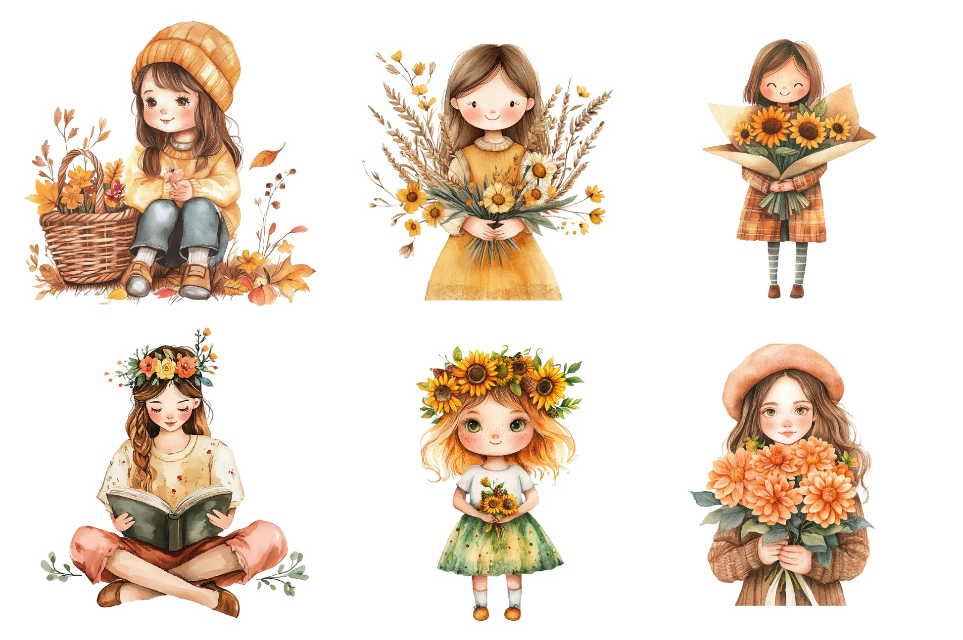 Girls With Fall Flowers Clipart Bundle - CraftNest - Digital Crafting and Art