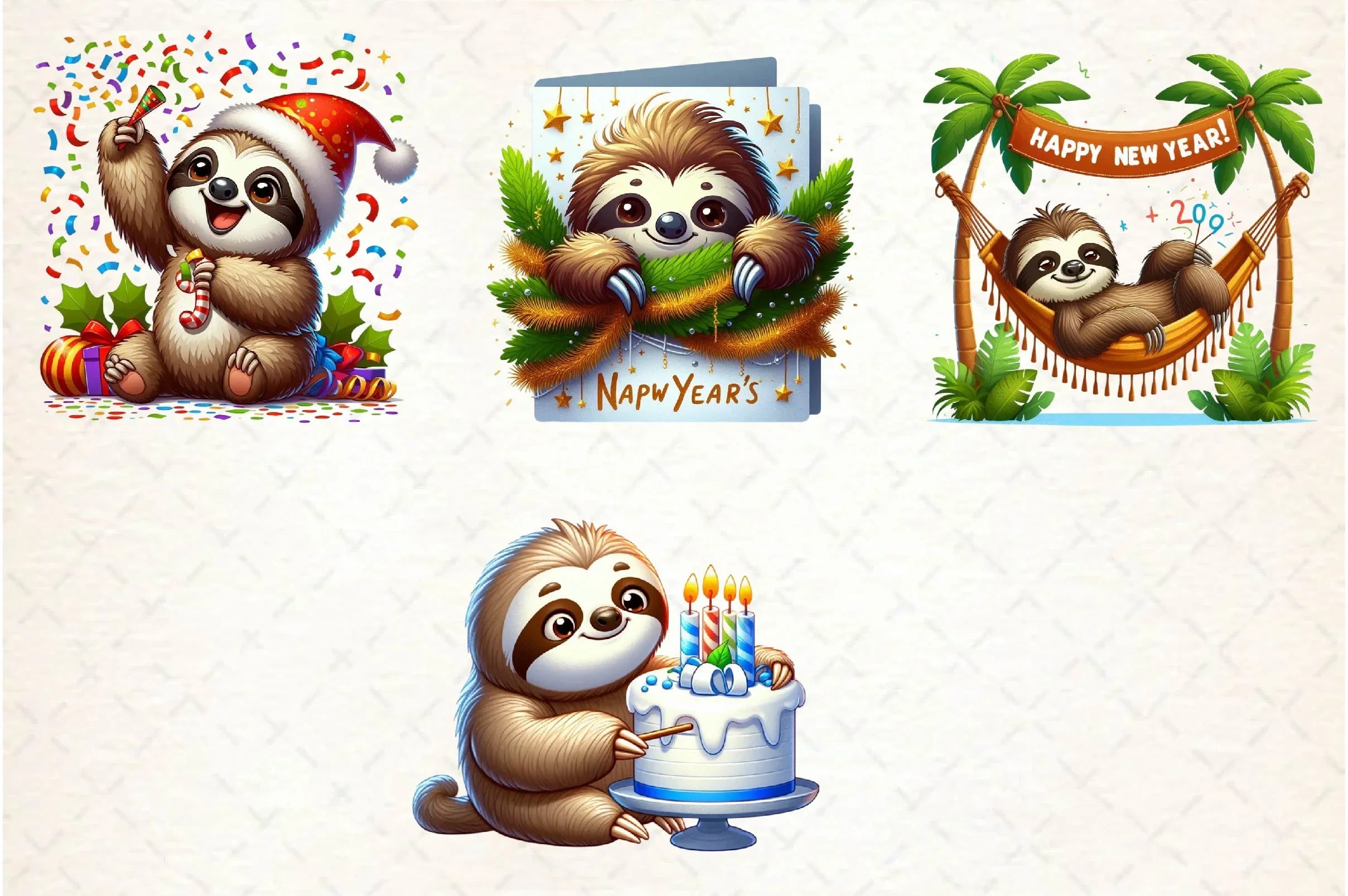 Happy New Year Sloth Clipart Bundle - CraftNest - Digital Crafting and Art