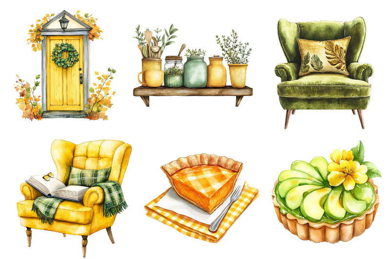 Yellow & Green Autumn Cottage Clipart Bundle - CraftNest - Digital Crafting and Art