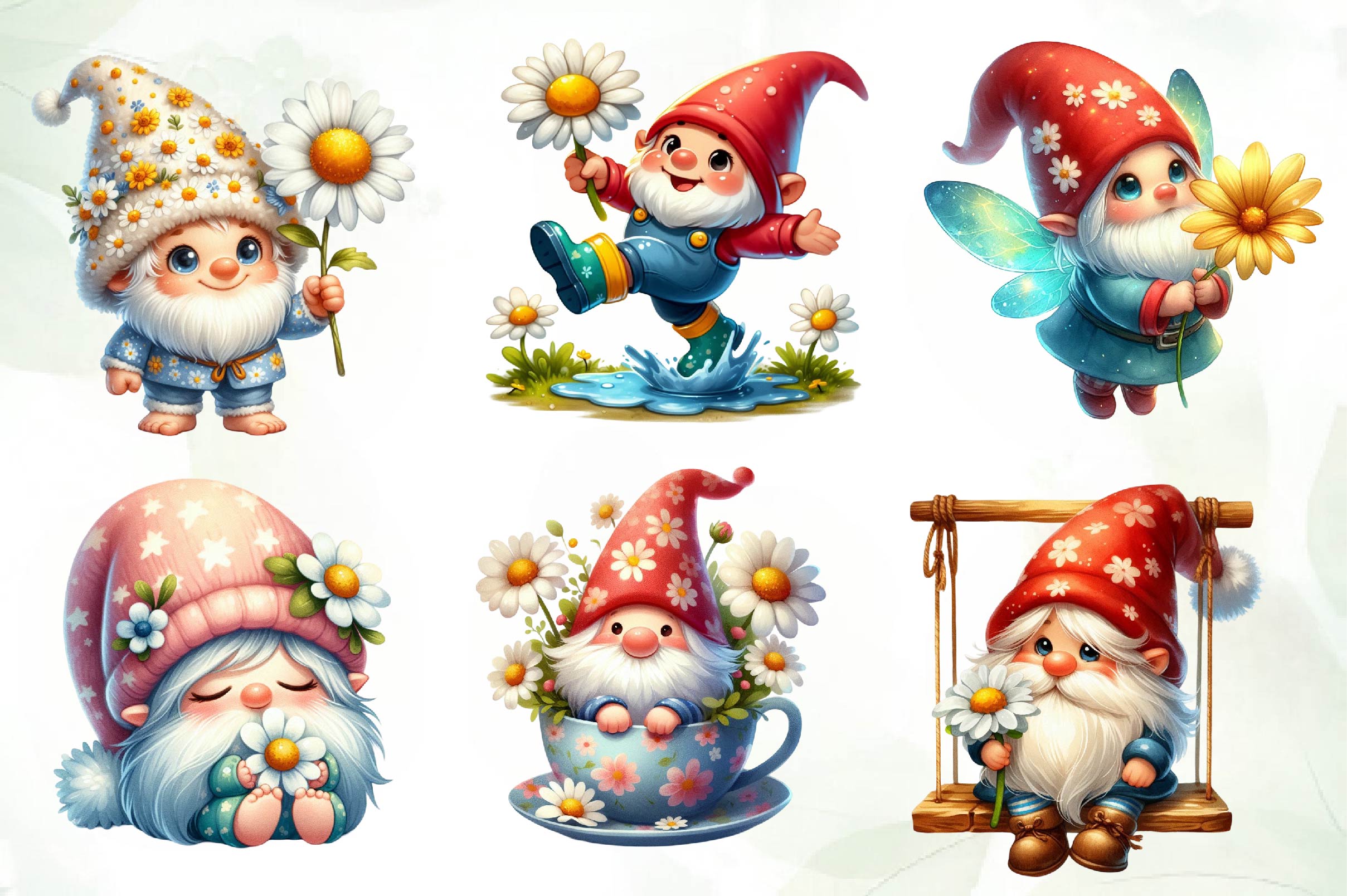 Cute Spring Gnome Daisy Flower Clipart Bundle - CraftNest - Digital Crafting and Art