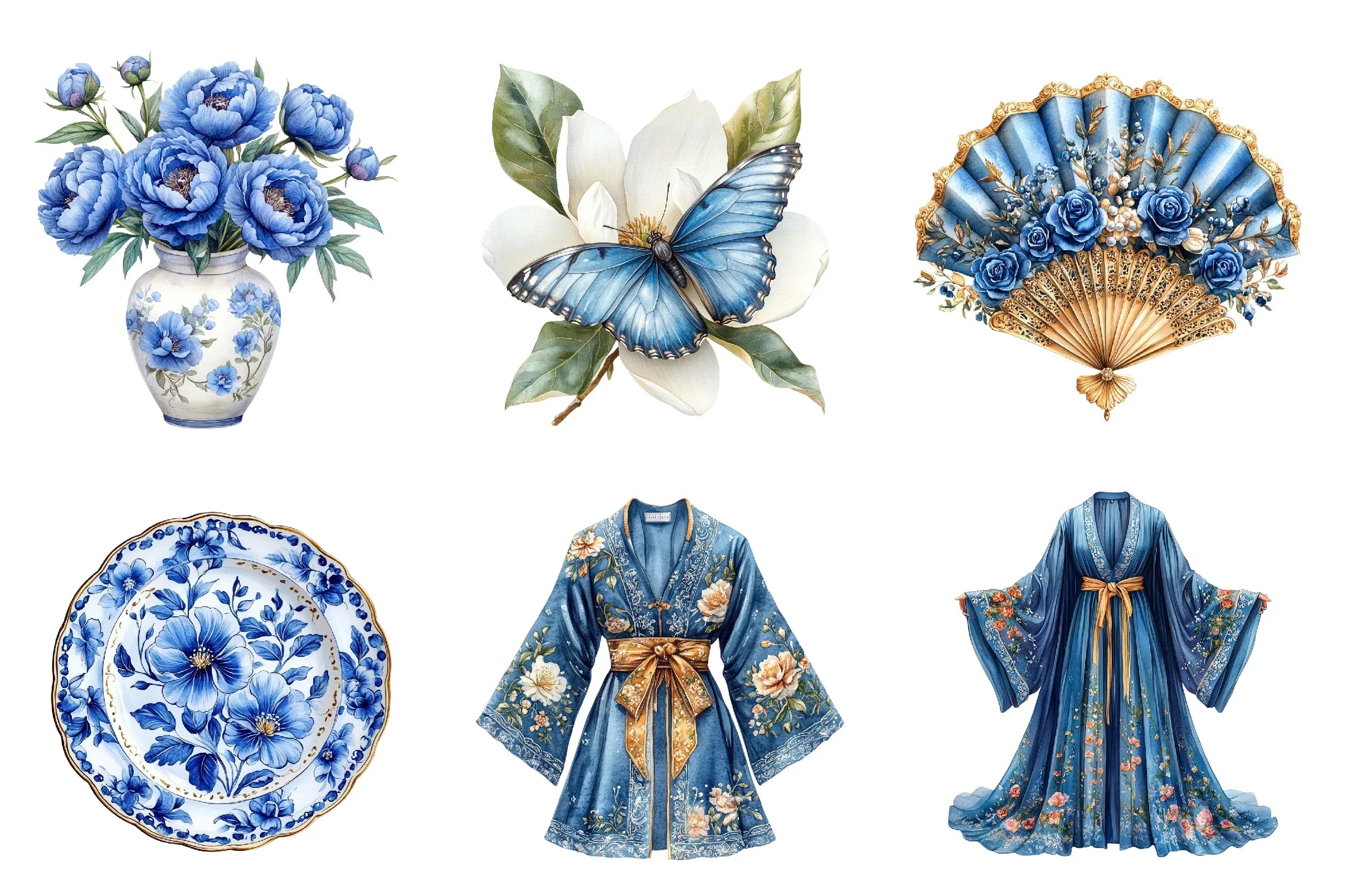 Blue Chinoiserie Summer Clipart Bundle 2 - CraftNest - Digital Crafting and Art
