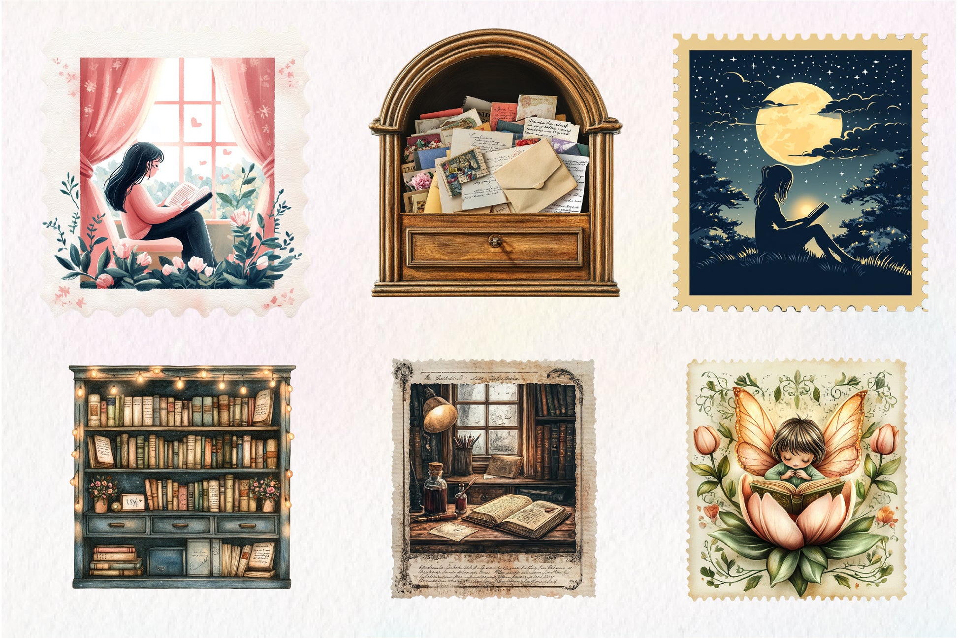 Reading Books Postage Stamp Clipart Bundle - CraftNest - Digital Crafting and Art