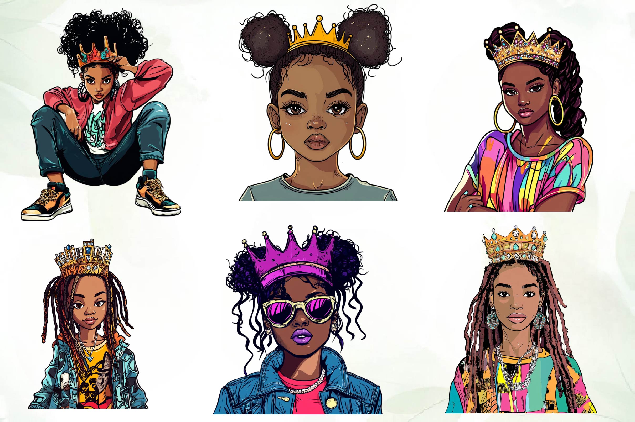Quirky African American Girl With Crown Clipart Bundle - CraftNest - Digital Crafting and Art