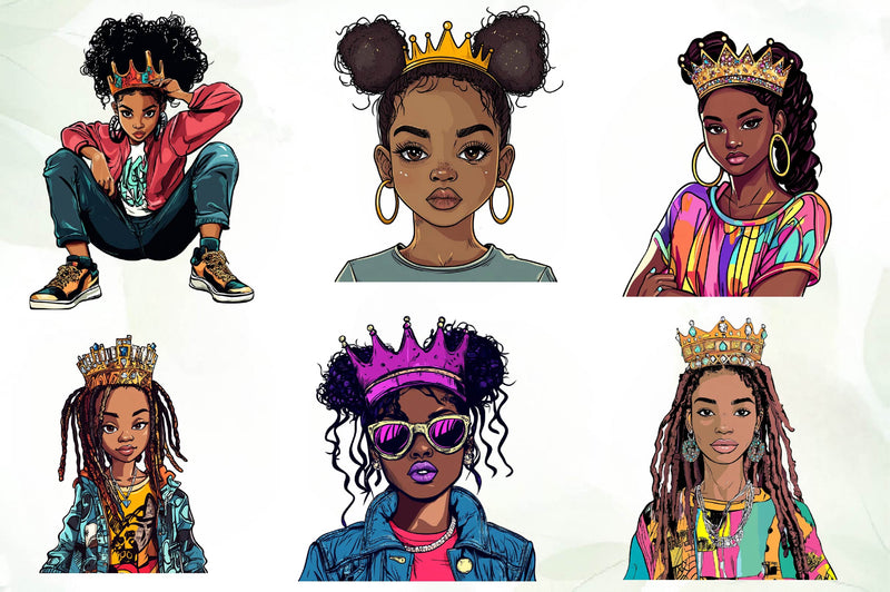 Quirky African American Girl With Crown Clipart Bundle - CraftNest - Digital Crafting and Art