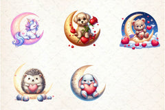 Valentine Animal On Moon Clipart Bundle - CraftNest - Digital Crafting and Art