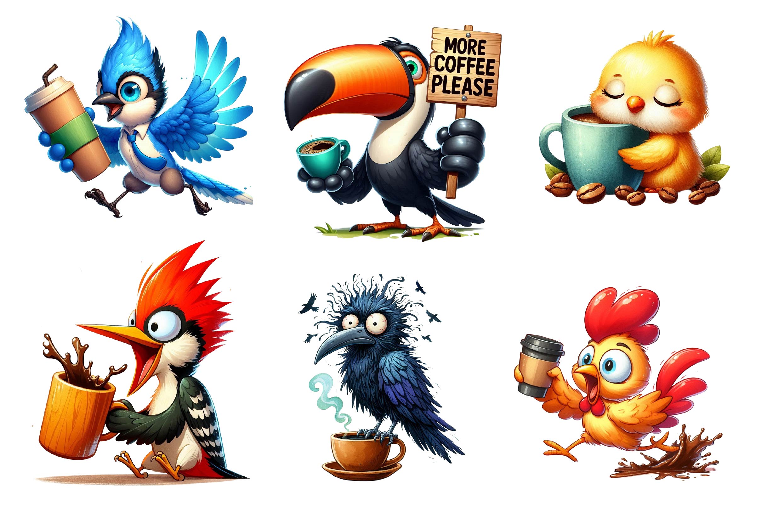 Funny Cartoon Caffeinated Quirky Bird Clipart Bundle - CraftNest - Digital Crafting and Art