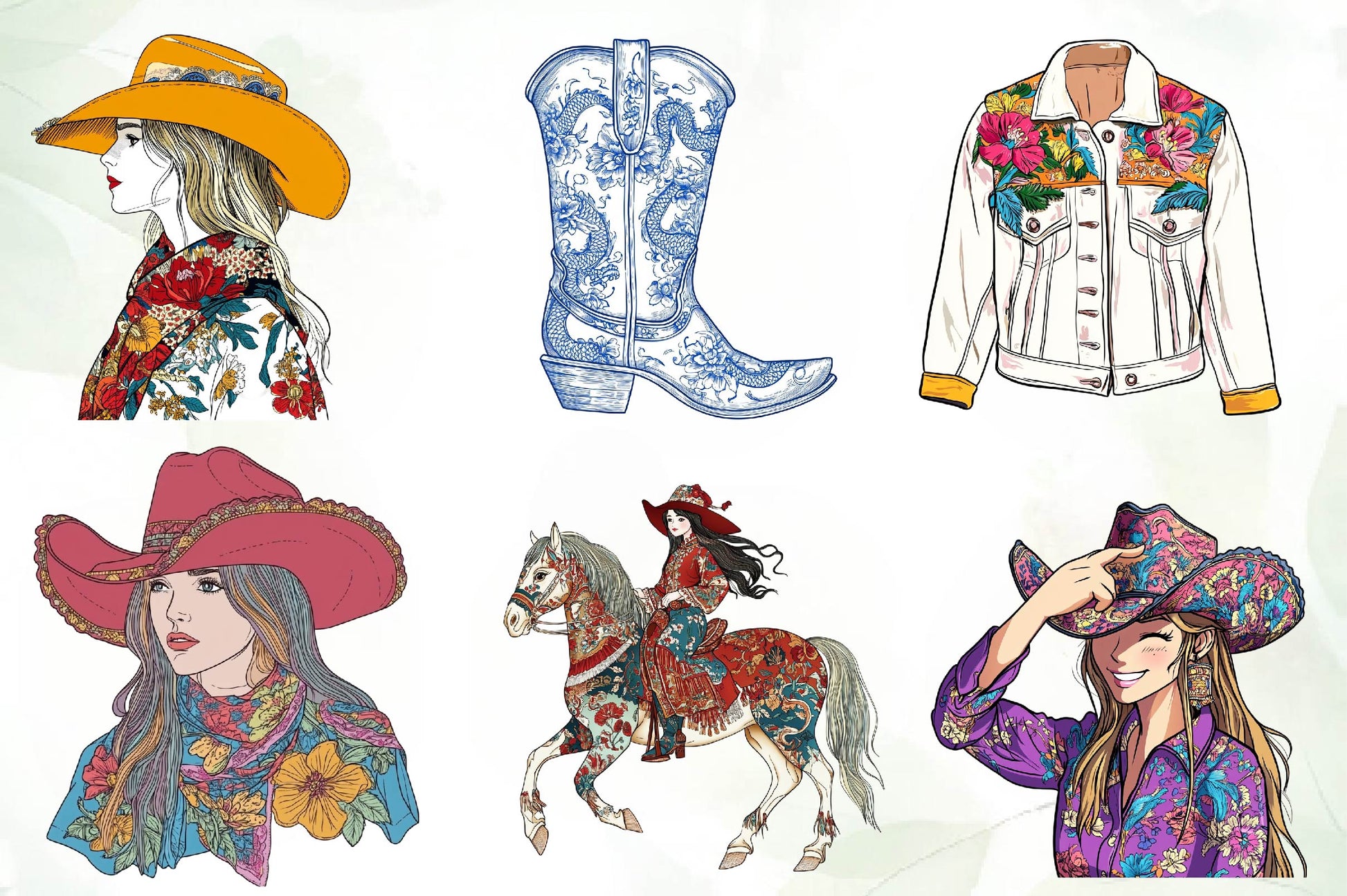 Cute Chinoiserie Cowgirl Clipart Bundle - CraftNest - Digital Crafting and Art