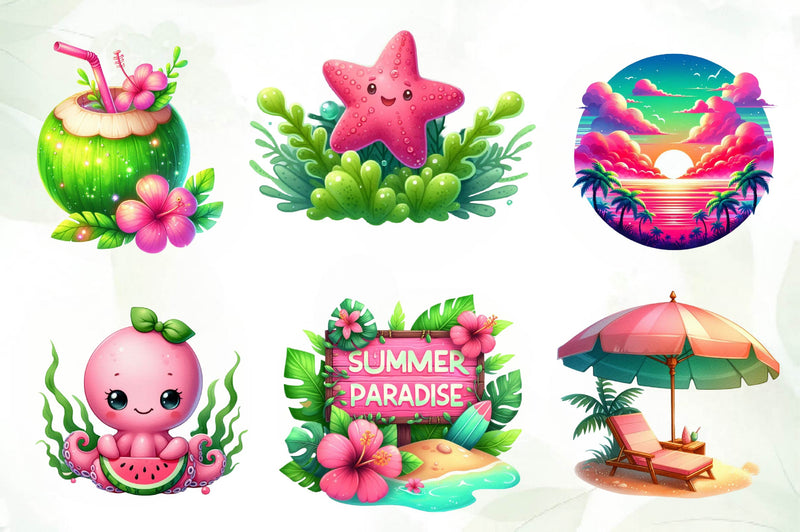 Pink And Green Summer Clipart Bundle - CraftNest - Digital Crafting and Art