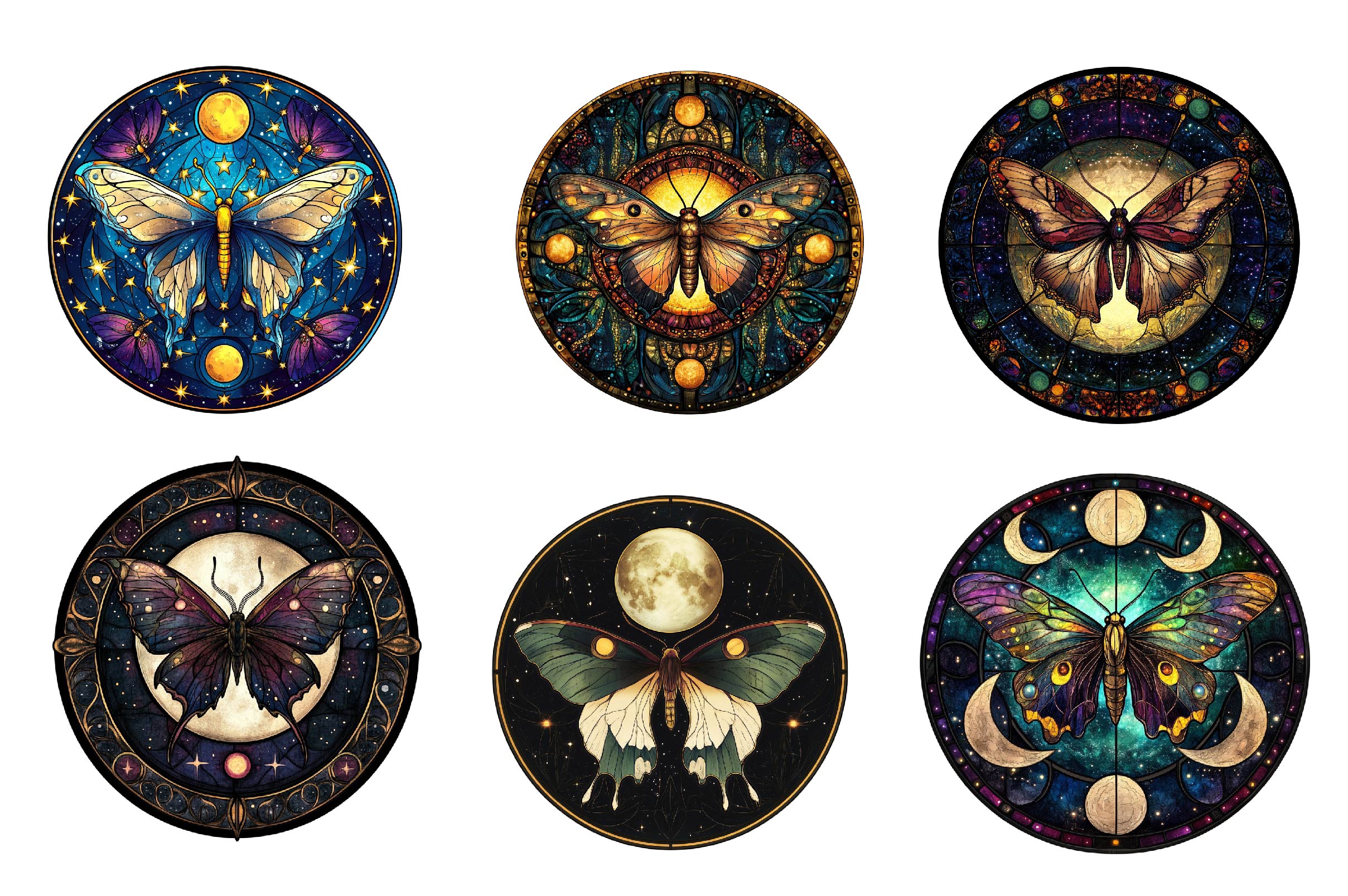 Lunar Moth And Moon Round Stained Glass Clipart Bundle - CraftNest - Digital Crafting and Art