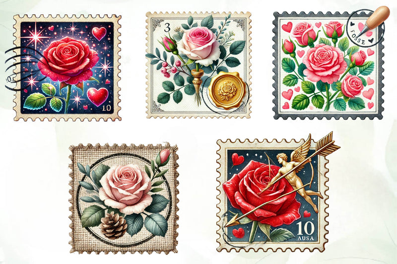 Valentine Rose Postage Stamp Clipart Bundle - CraftNest - Digital Crafting and Art