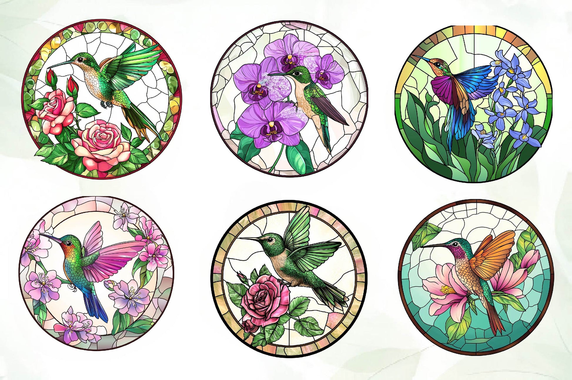 Hummingbird & Flowers Round Stained Glass Art Clipart Bundle - CraftNest - Digital Crafting and Art