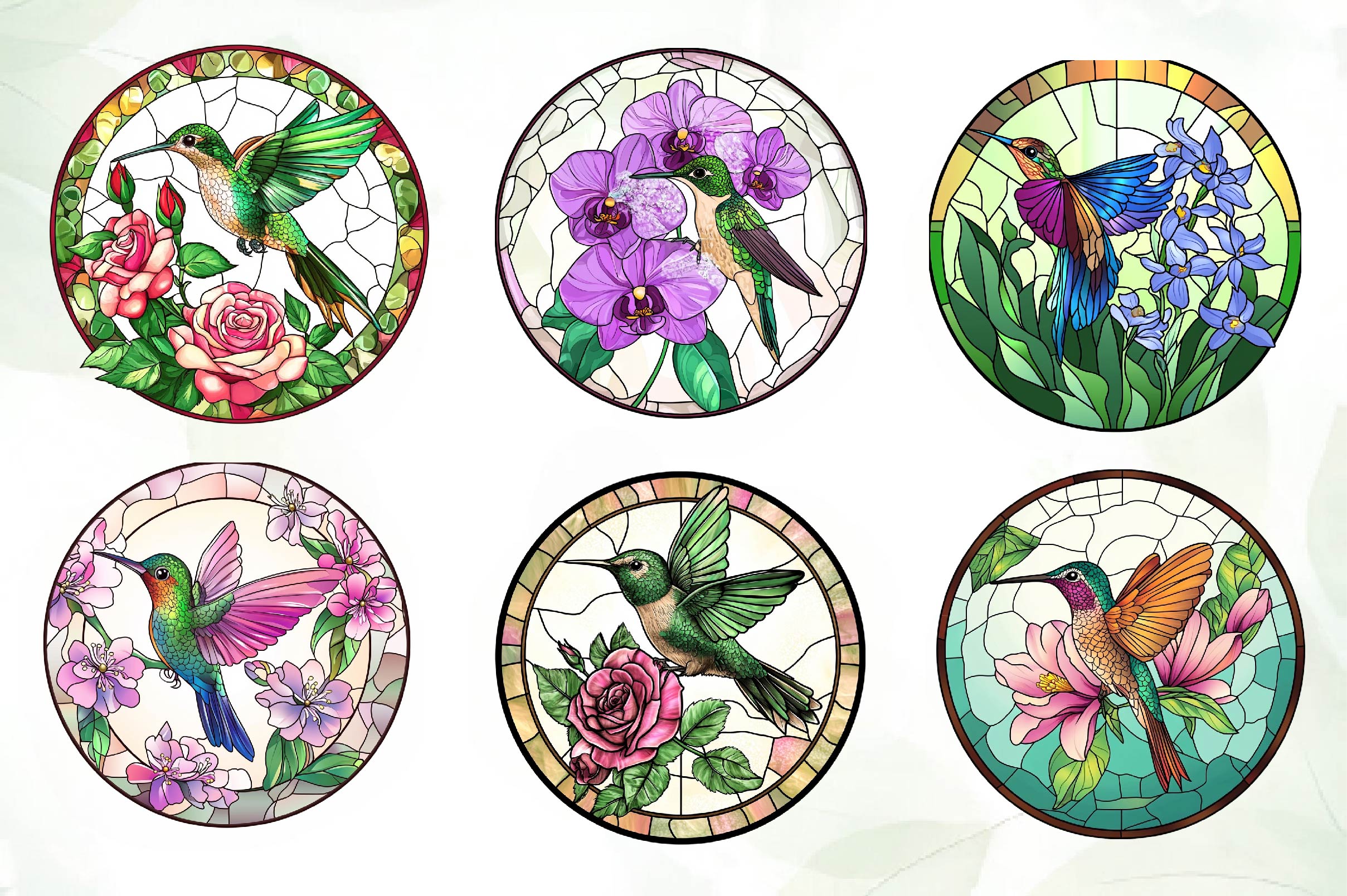 Hummingbird & Flowers Round Stained Glass Art Clipart Bundle - CraftNest - Digital Crafting and Art