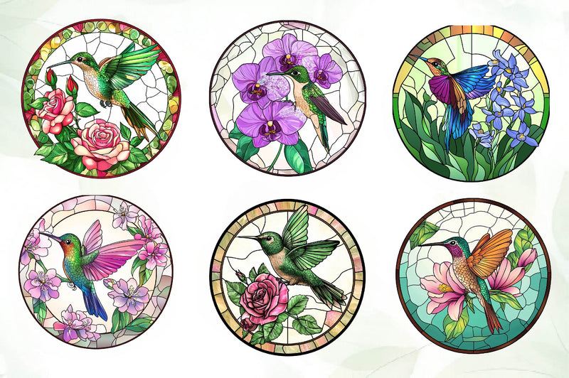 Hummingbird & Flowers Round Stained Glass Art Clipart Bundle - CraftNest - Digital Crafting and Art