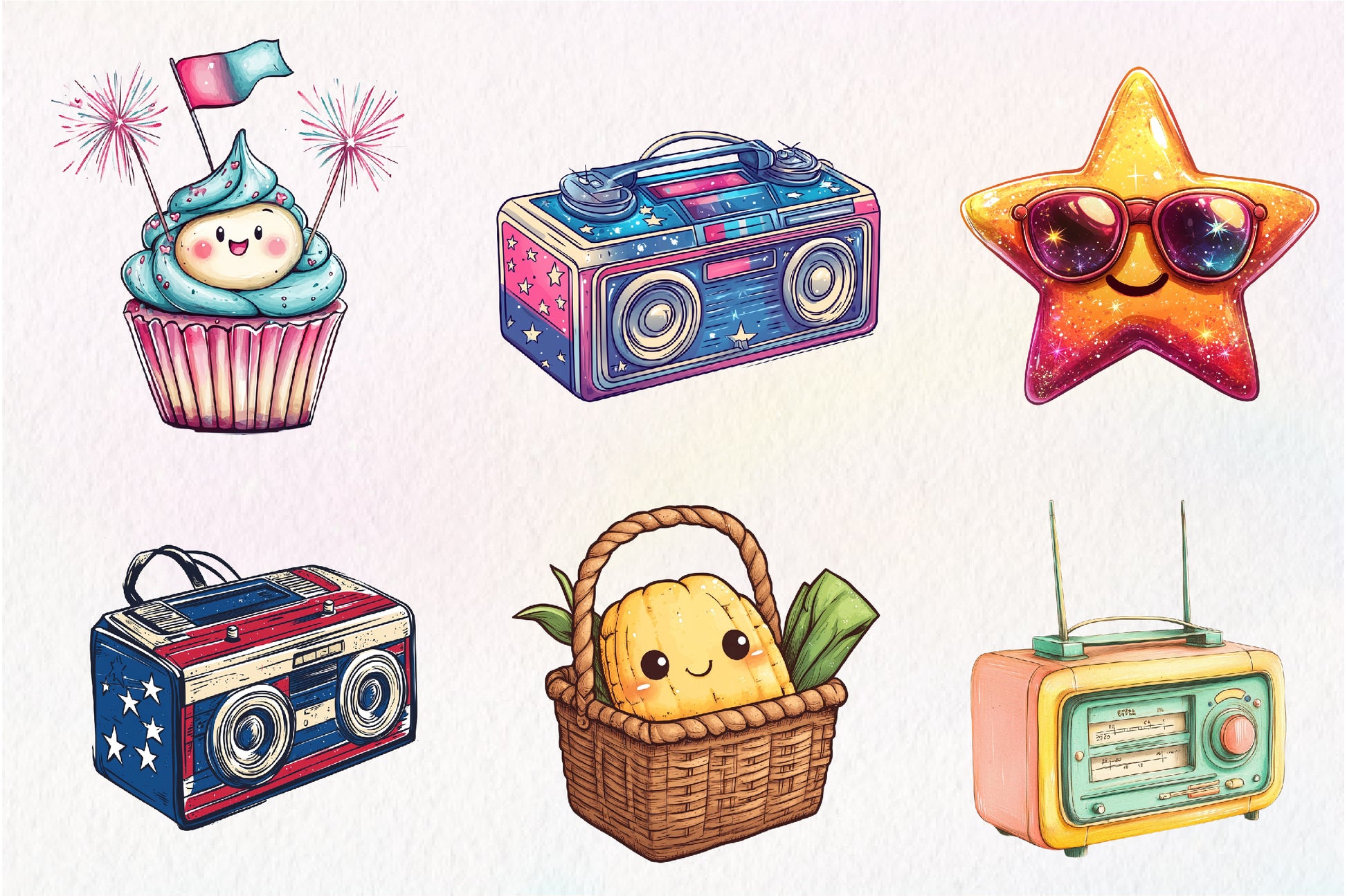 Kawaii Retro 4th Of July Clipart Bundle - CraftNest - Digital Crafting and Art